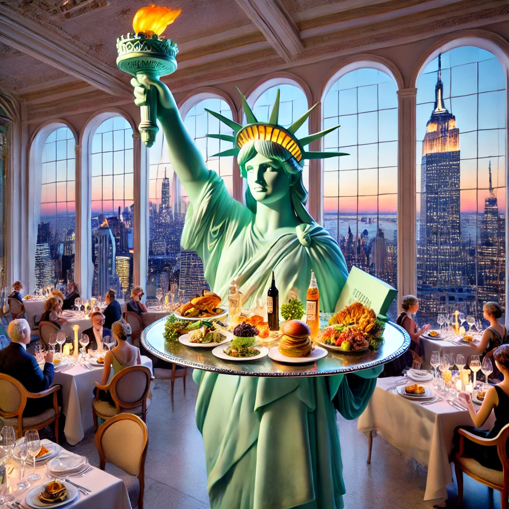 Whimsy portrayal of lady liberty as a server