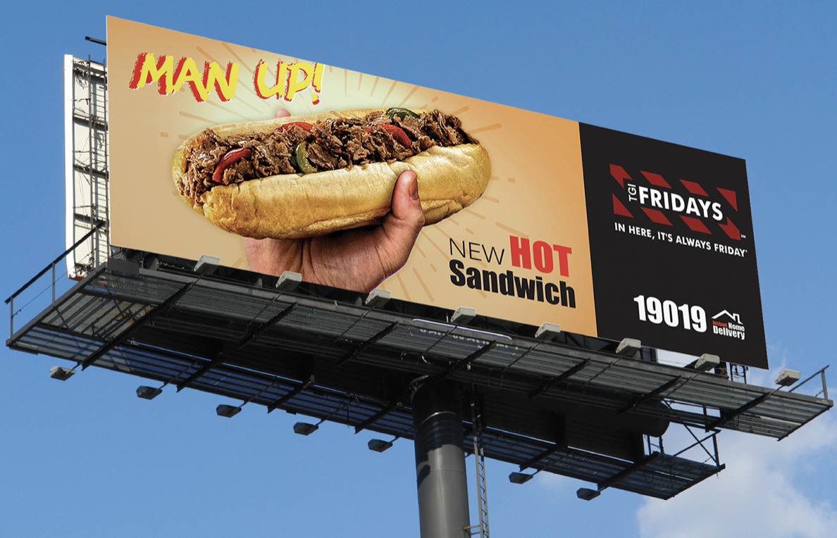 A restaurant billboard with a hot sandwich
