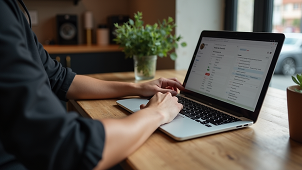 High angle view of a restaurant manager monitoring delivery orders on a laptop
