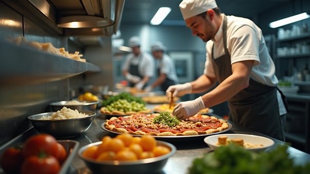 High angle view of a busy kitchen preparing food for delivery