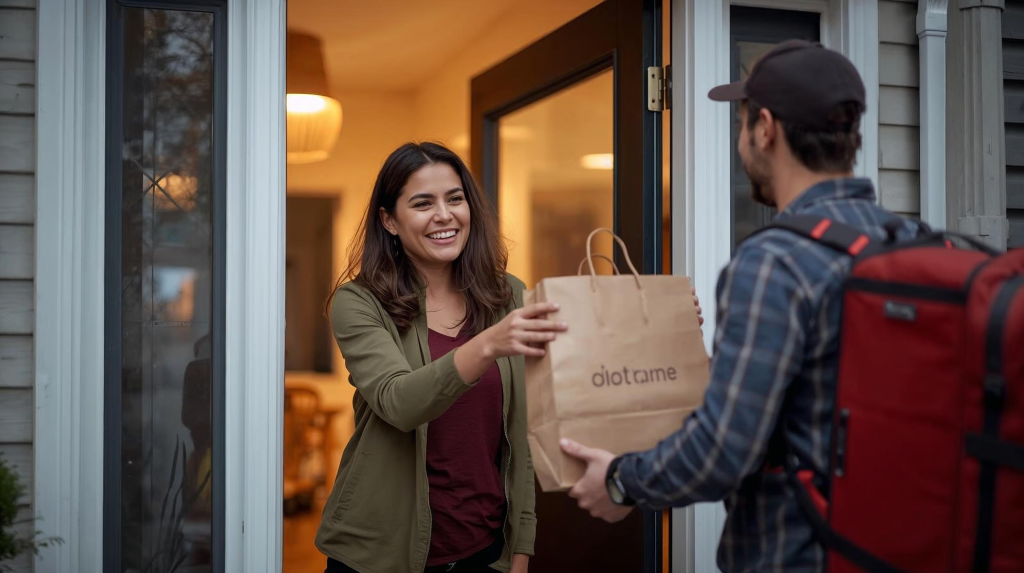 happy customer receiving food delivery